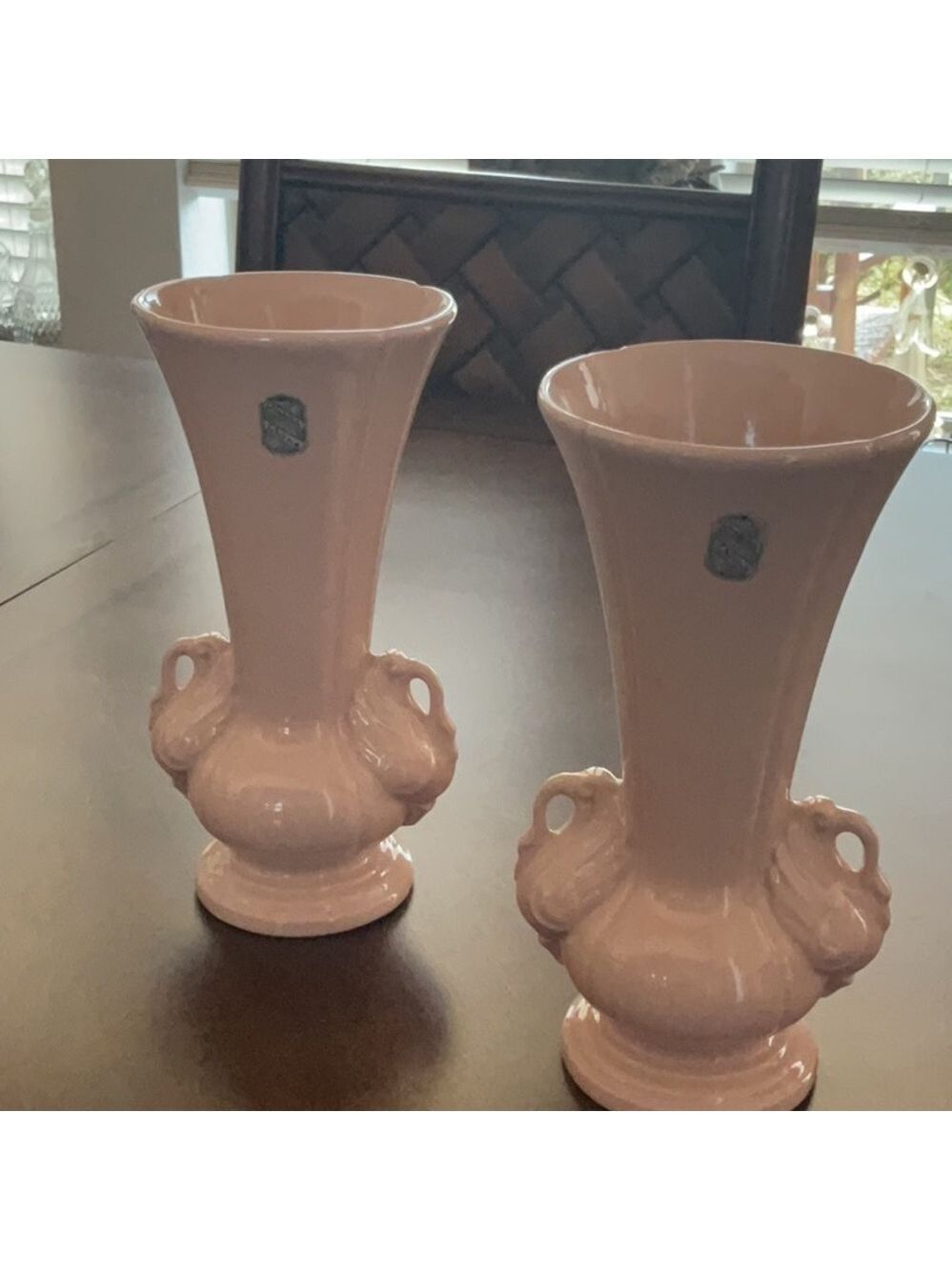 Vintage Pink Accent Vases with Decorative swans Handles by Chadwick’s set of 2